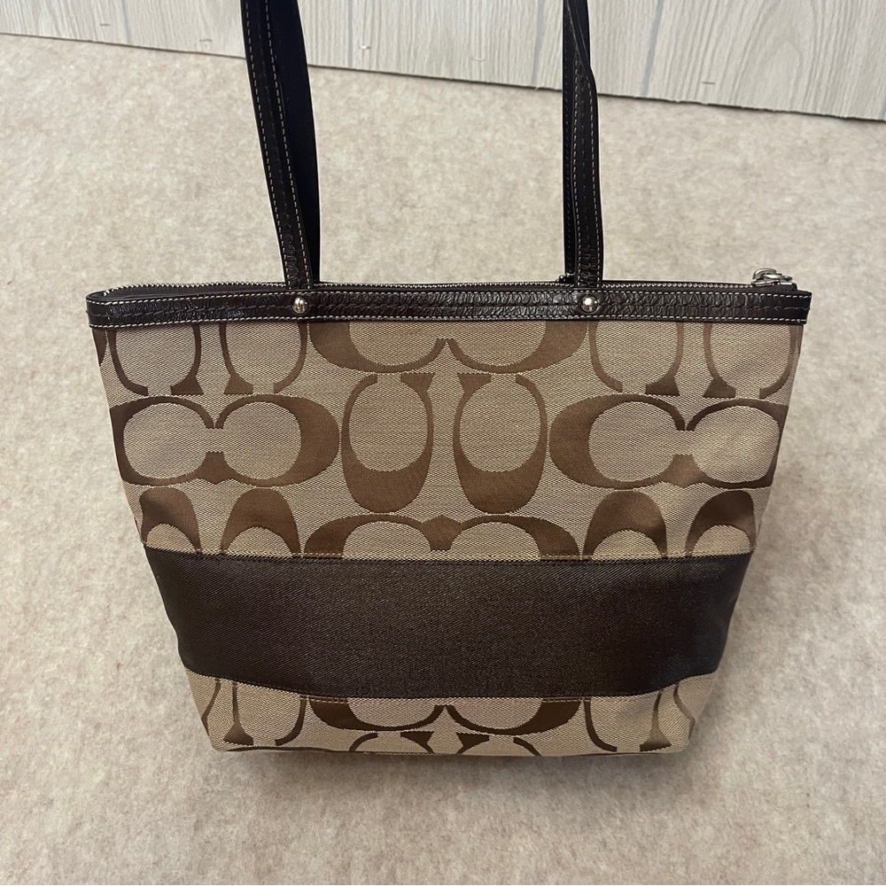 Coach Tan Signature Canvas Brown Strip and Trim Zip Tote Style F13548 Y2K 2000s - Picture 5 of 17